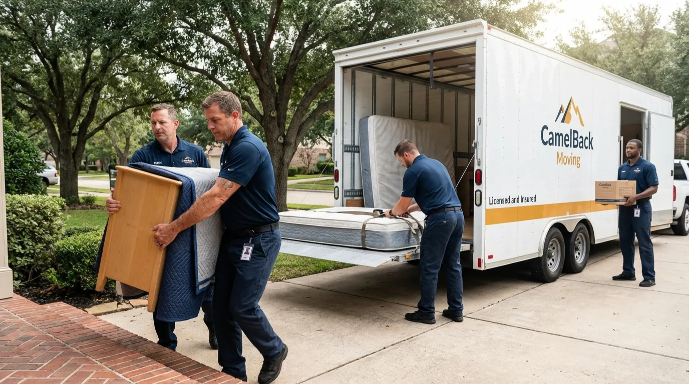 Crew loading residential truck for cross-state move from Boerne, TX