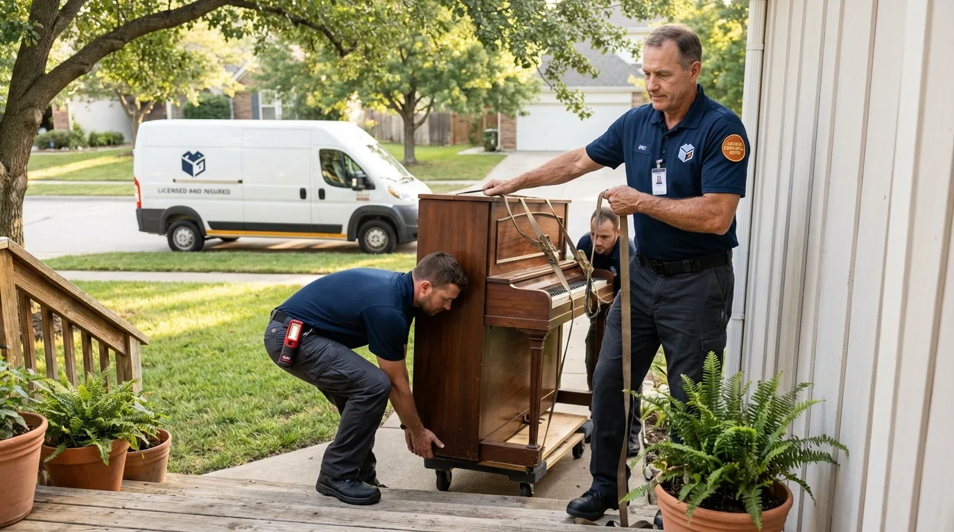 Licensed piano movers securing grand piano in Boerne, TX