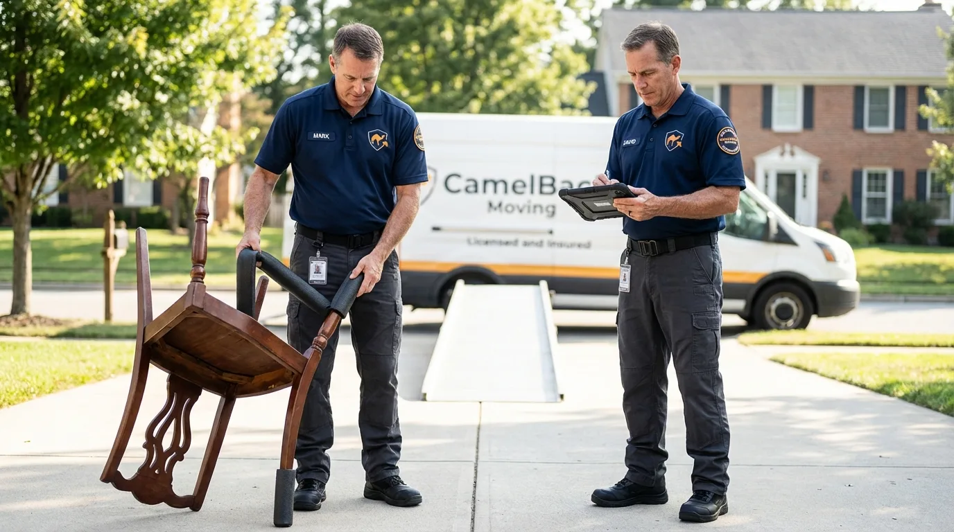 Movers inspecting furniture for damage prevention before loading in Boerne, TX